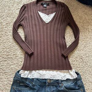 Brown Ribbed V-Neck Sweater